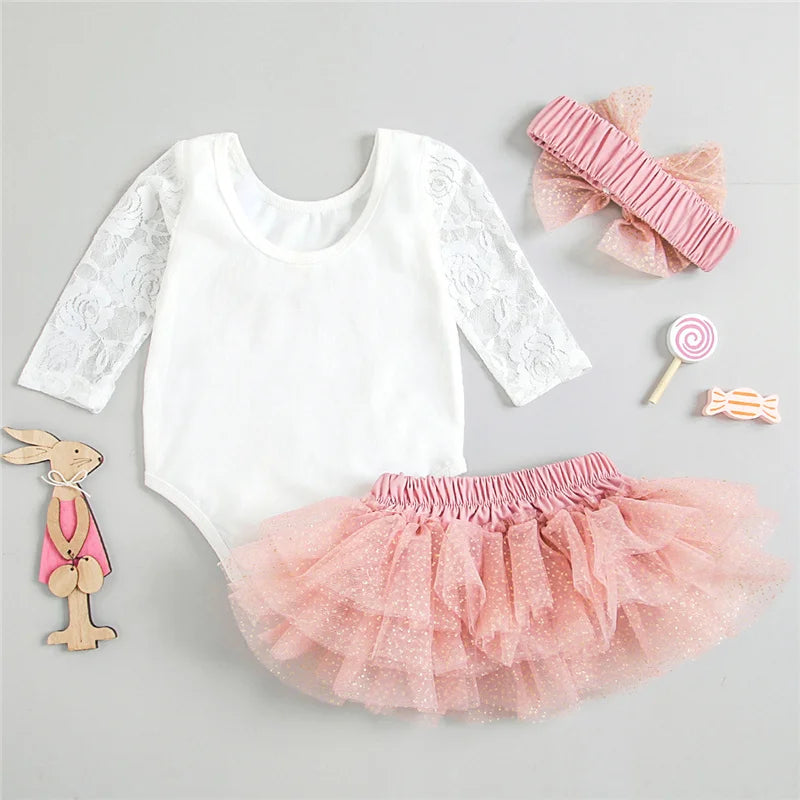 Baby Girls My First Birthday Outfits, Cute Long Sleeve Floral Lace Romper + Tutu Skirt + Headband Set, 0-30Months