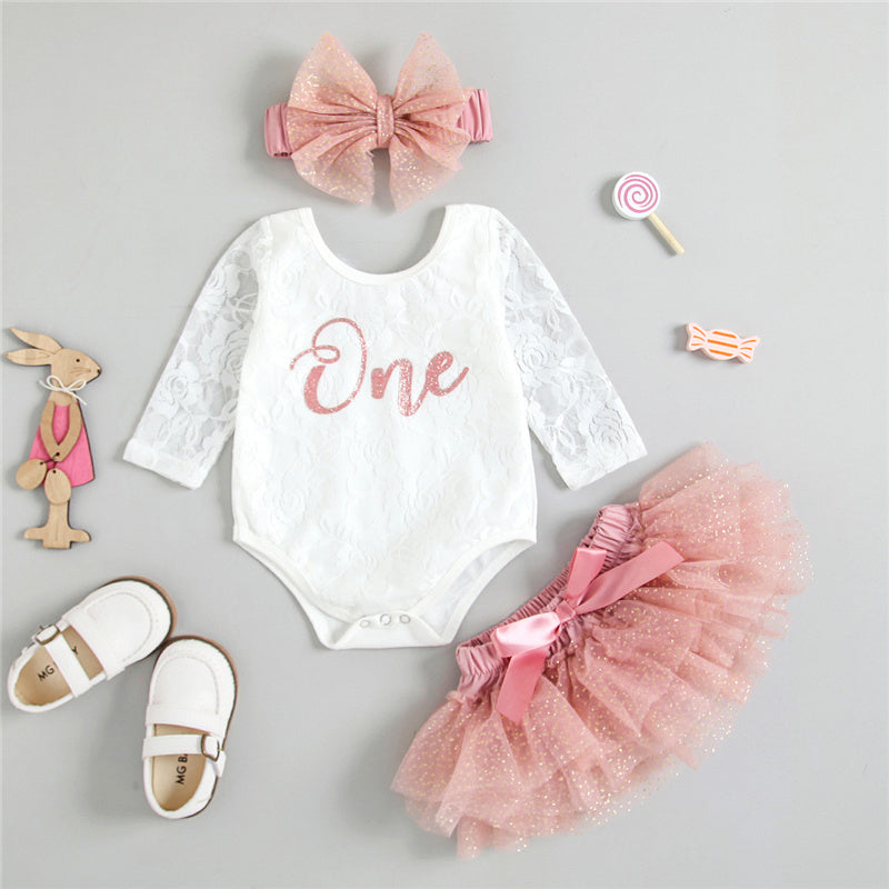 Baby Girls My First Birthday Outfits, Cute Long Sleeve Floral Lace Romper + Tutu Skirt + Headband Set, 0-30Months