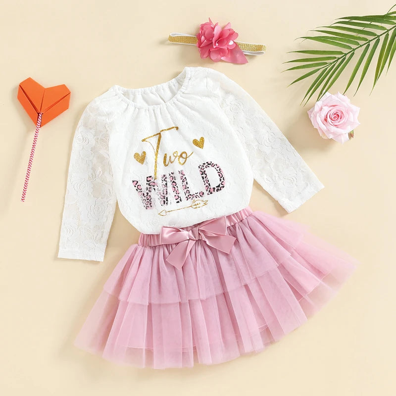 Baby Girls My First Birthday Outfits, Cute Long Sleeve Floral Lace Romper + Tutu Skirt + Headband Set, 0-30Months