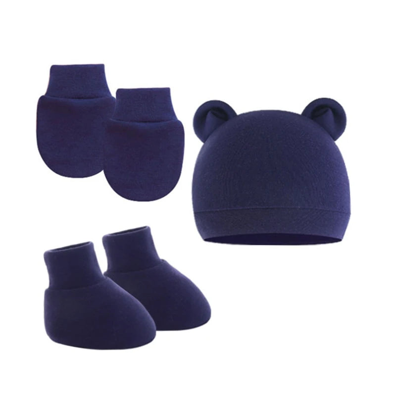 3Pcs Cotton Baby Beanie for Newborn Baby Bonnet Gloves Socks Set Baby Hat