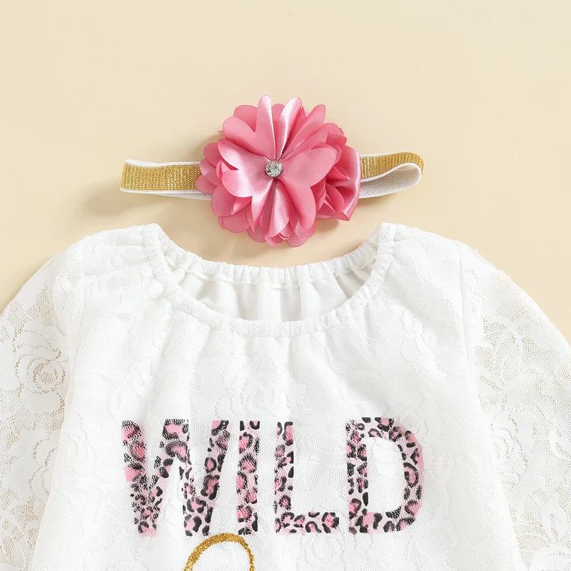 Baby Girls My First Birthday Outfits, Cute Long Sleeve Floral Lace Romper + Tutu Skirt + Headband Set, 0-30Months
