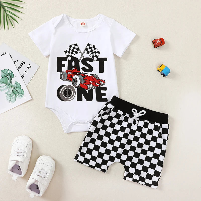 Baby Boy First Birthday Outfit Fast One Birthday Outfit Race Car 1st Birthday Outfit Plaid T Shirt Top Shorts Set