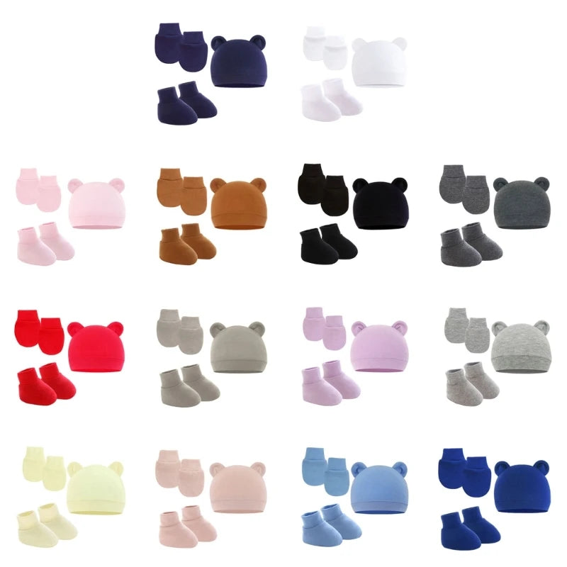3Pcs Cotton Baby Beanie for Newborn Baby Bonnet Gloves Socks Set Baby Hat