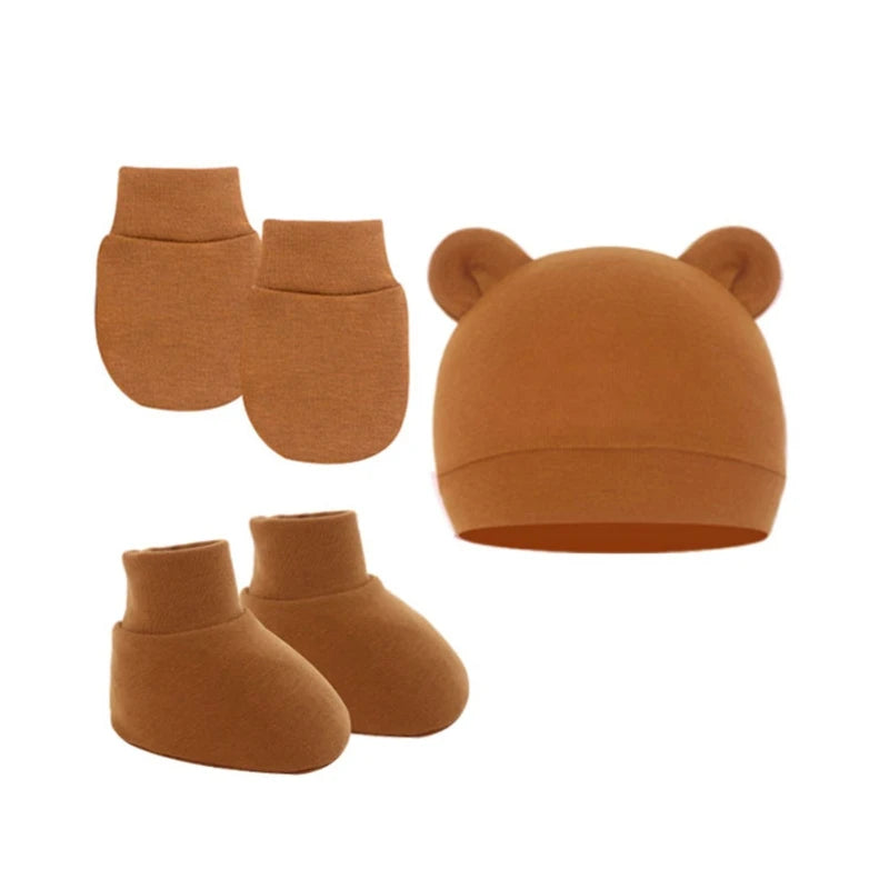 3Pcs Cotton Baby Beanie for Newborn Baby Bonnet Gloves Socks Set Baby Hat