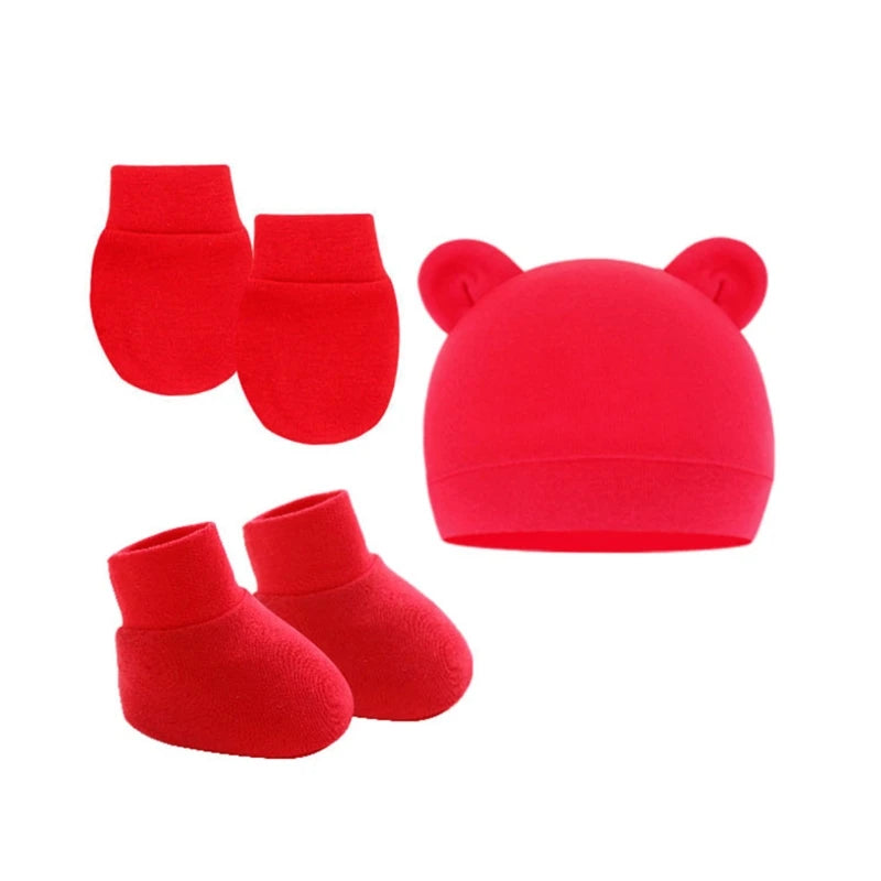 3Pcs Cotton Baby Beanie for Newborn Baby Bonnet Gloves Socks Set Baby Hat