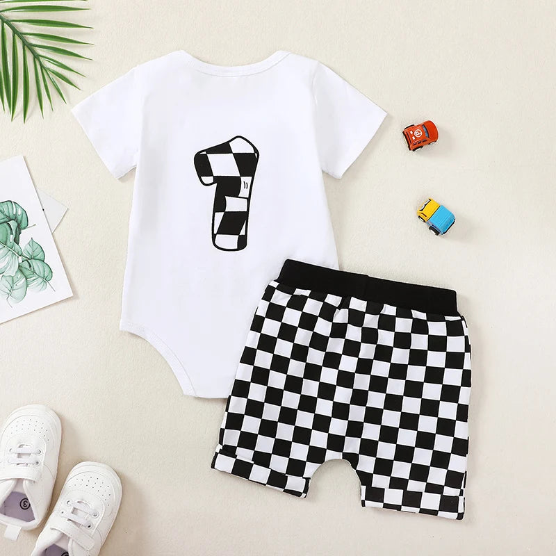 Baby Boy First Birthday Outfit Fast One Birthday Outfit Race Car 1st Birthday Outfit Plaid T Shirt Top Shorts Set