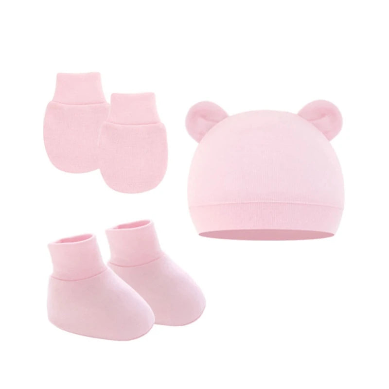 3Pcs Cotton Baby Beanie for Newborn Baby Bonnet Gloves Socks Set Baby Hat