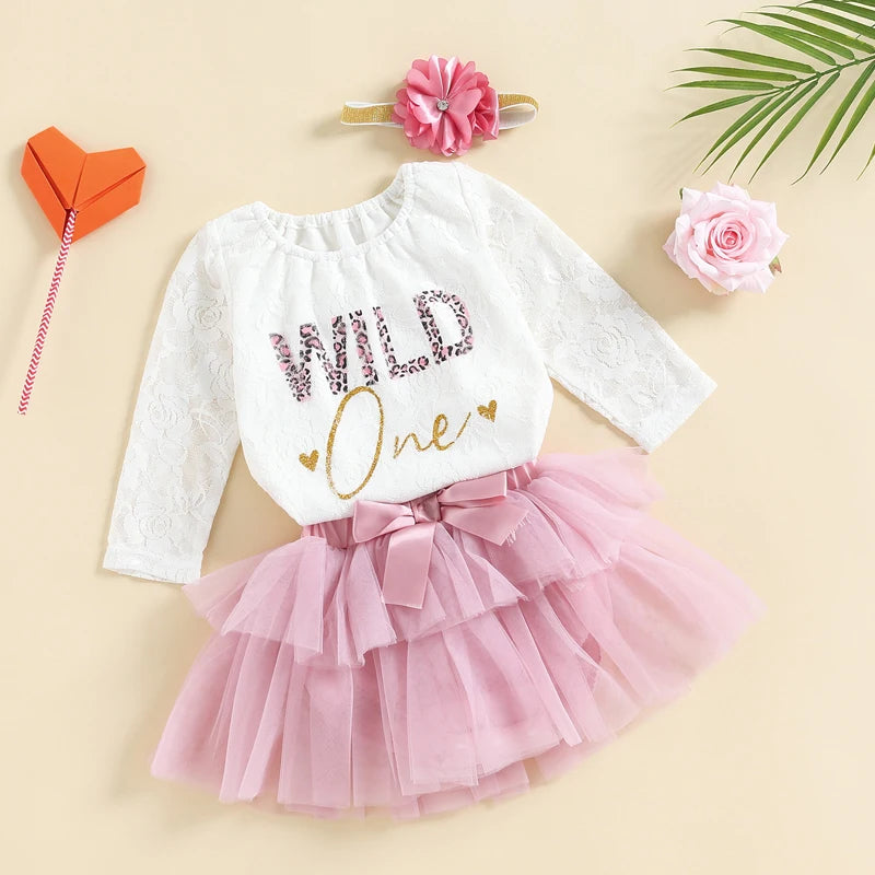 Baby Girls My First Birthday Outfits, Cute Long Sleeve Floral Lace Romper + Tutu Skirt + Headband Set, 0-30Months