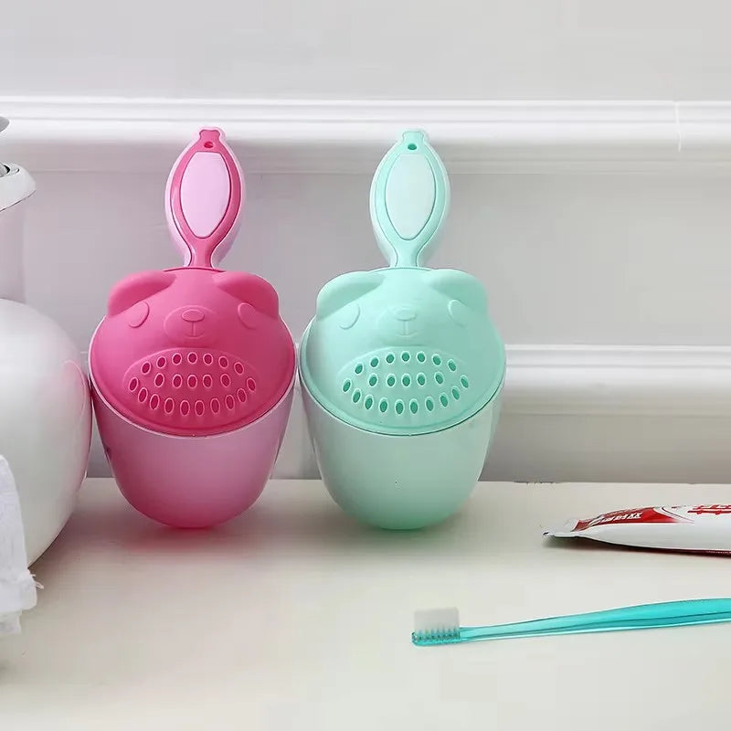 Baby Bath Cup with Handle–Cartoon Bear Shampoo Scoop & Water Spoon for Newborn Bathing, Infant Shower Wash Tool BPA-Free Plastic