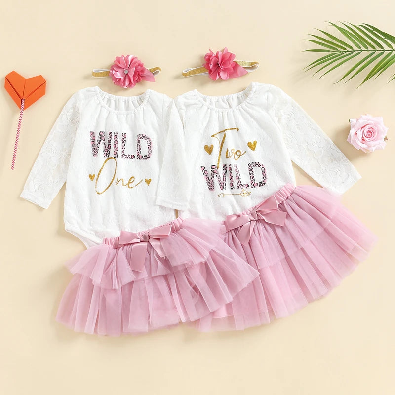 Baby Girls My First Birthday Outfits, Cute Long Sleeve Floral Lace Romper + Tutu Skirt + Headband Set, 0-30Months