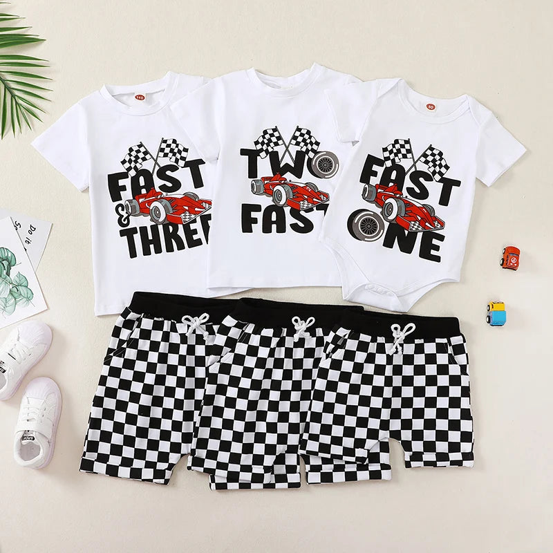 Baby Boy First Birthday Outfit Fast One Birthday Outfit Race Car 1st Birthday Outfit Plaid T Shirt Top Shorts Set