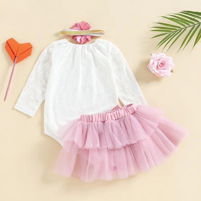 Baby Girls My First Birthday Outfits, Cute Long Sleeve Floral Lace Romper + Tutu Skirt + Headband Set, 0-30Months