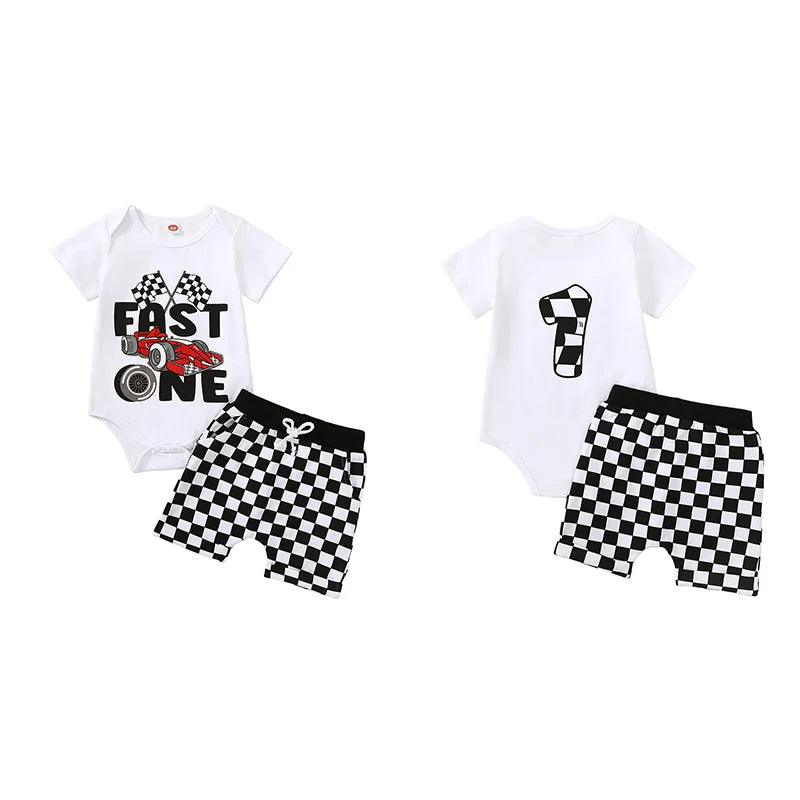 Baby Boy First Birthday Outfit Fast One Birthday Outfit Race Car 1st Birthday Outfit Plaid T Shirt Top Shorts Set